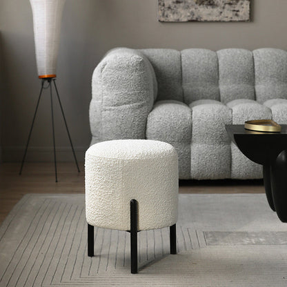 Contemporary Scandinavian Sherpa Fleece Metal Round Cylindrical Low Stool For Living Room