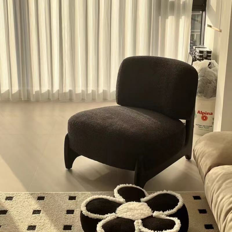 Contemporary Scandinavian Sherpa Fabric Solid Wood Rounded Square Accent Chair With Backrest For Bedroom