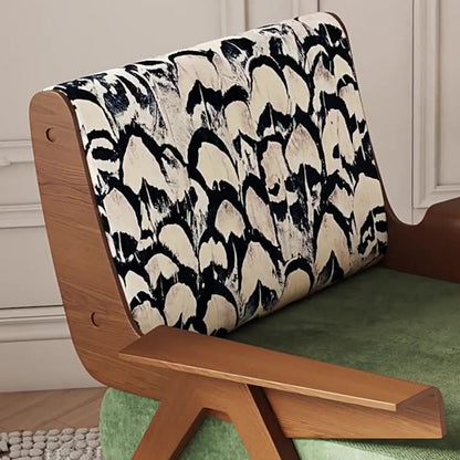 Traditional French Ash Wood Cotton Linen Square Curved Accent Chair With Backrest & Armrests For Living Room