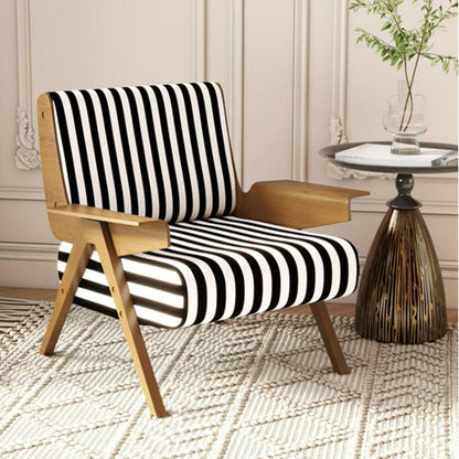 Traditional French Ash Wood Cotton Linen Square Curved Accent Chair With Backrest & Armrests For Living Room