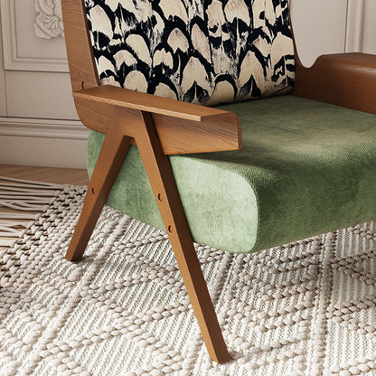 Traditional French Ash Wood Cotton Linen Square Curved Accent Chair With Backrest & Armrests For Living Room