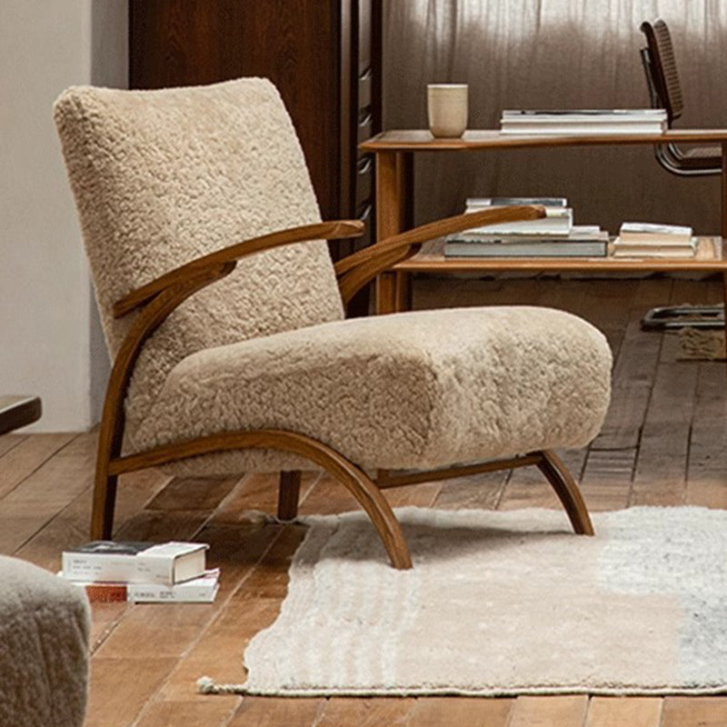 Traditional French Chenille Sherpa Fabric Solid Wood Curved Square Accent Chair With Backrest Armrests For Living Room