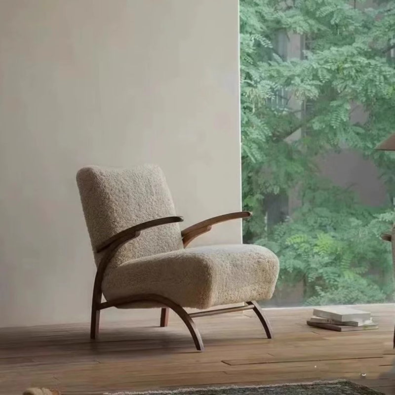 Traditional French Chenille Sherpa Fabric Solid Wood Curved Square Accent Chair With Backrest Armrests For Living Room