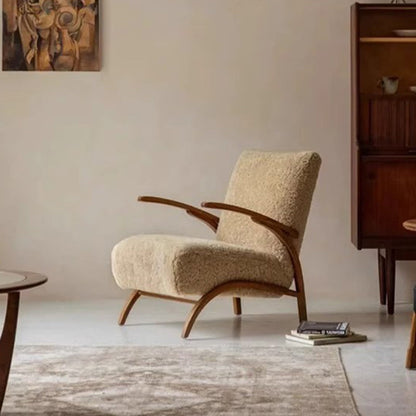 Traditional French Chenille Sherpa Fabric Solid Wood Curved Square Accent Chair With Backrest Armrests For Living Room