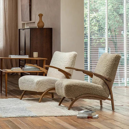 Traditional French Chenille Sherpa Fabric Solid Wood Curved Square Accent Chair With Backrest Armrests For Living Room