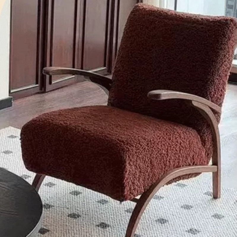 Traditional French Chenille Sherpa Fabric Solid Wood Curved Square Accent Chair With Backrest Armrests For Living Room