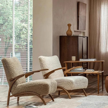 Traditional French Chenille Sherpa Fabric Solid Wood Curved Square Accent Chair With Backrest Armrests For Living Room
