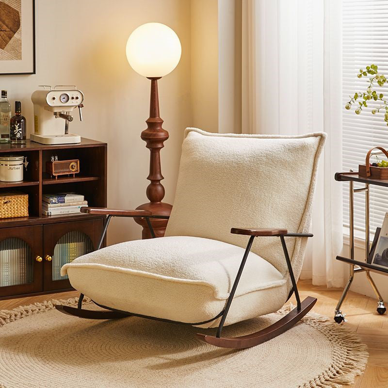 Traditional Vintage Teddy Fleece Rubber Wood Carbon Steel Curved Square Rocking Chair With Backrest Armrests For Living Room