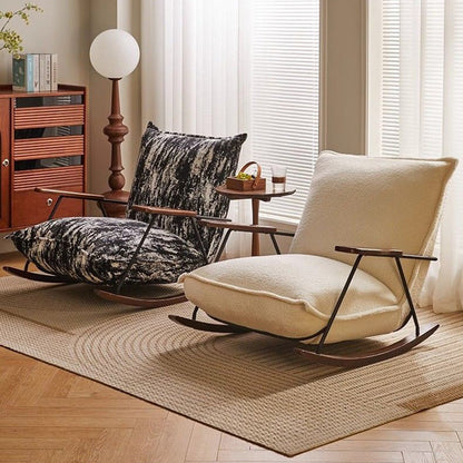Traditional Vintage Teddy Fleece Rubber Wood Carbon Steel Curved Square Rocking Chair With Backrest Armrests For Living Room