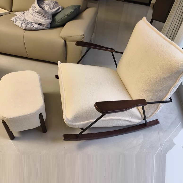 Traditional Vintage Teddy Fleece Rubber Wood Carbon Steel Curved Square Rocking Chair With Backrest Armrests For Living Room
