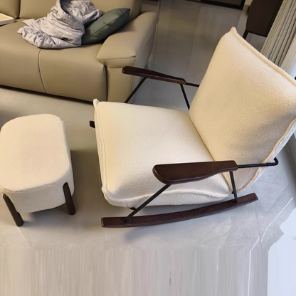 Traditional Vintage Teddy Fleece Rubber Wood Carbon Steel Curved Square Rocking Chair With Backrest Armrests For Living Room