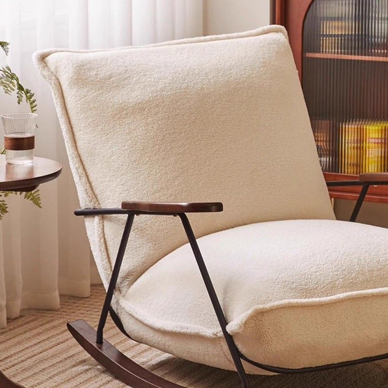 Traditional Vintage Teddy Fleece Rubber Wood Carbon Steel Curved Square Rocking Chair With Backrest Armrests For Living Room