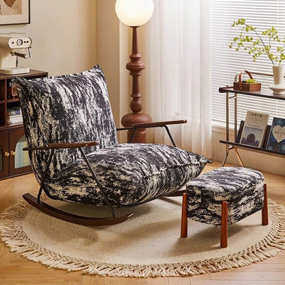 Traditional Vintage Teddy Fleece Rubber Wood Carbon Steel Curved Square Rocking Chair With Backrest Armrests For Living Room