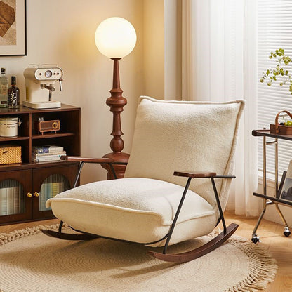 Traditional Vintage Teddy Fleece Rubber Wood Carbon Steel Curved Square Rocking Chair With Backrest Armrests For Living Room