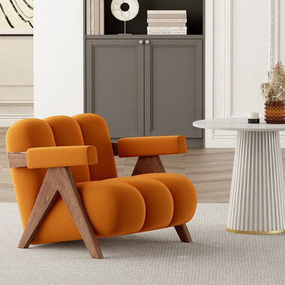 Contemporary Creative Suede Solid Wood V-Leg Wavy Square Accent Chair With Backrest Armrests For Living Room