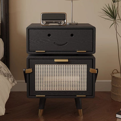 Modern Art Deco Ash Wood Rattan Stainless Steel Robot-Shaped Nightstand 2-Storage For Bedroom