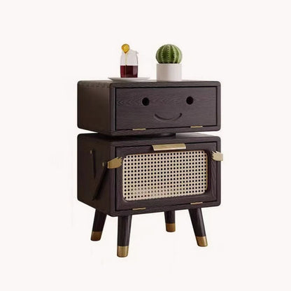 Modern Art Deco Ash Wood Rattan Stainless Steel Robot-Shaped Nightstand 2-Storage For Bedroom