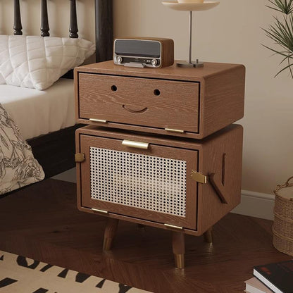Modern Art Deco Ash Wood Rattan Stainless Steel Robot-Shaped Nightstand 2-Storage For Bedroom