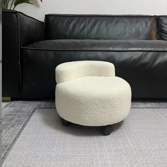 Modern Minimalist Sherpa Fabric Solid Wood Curved Round Low Stool With Backrest For Living Room