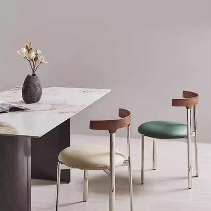 Contemporary Scandinavian Microfiber Leather Stainless Steel Solid Wood Round Curved Back Dining Chair With Backrest For Dining Room