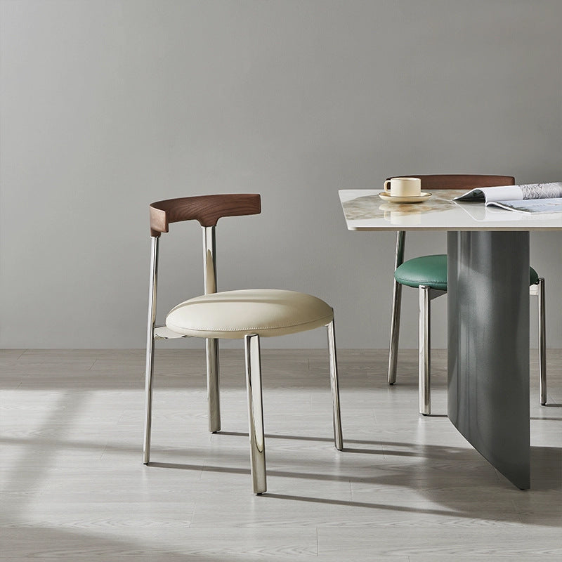 Contemporary Scandinavian Microfiber Leather Stainless Steel Solid Wood Round Curved Back Dining Chair With Backrest For Dining Room