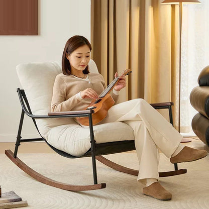 Contemporary Scandinavian Corduroy Solid Wood Curved Square Rocking Chair With Armrest Backrest For Living Room