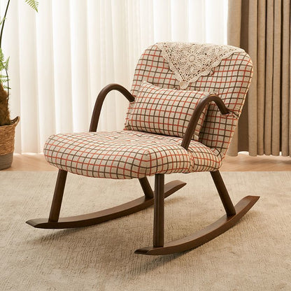Traditional Japanese Linen Solid Wood Rounded Square Rocking Chair With Armrest Backrest For Living Room