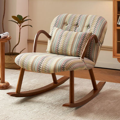 Traditional Japanese Linen Solid Wood Rounded Square Rocking Chair With Armrest Backrest For Living Room