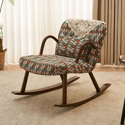 Traditional Japanese Linen Solid Wood Rounded Square Rocking Chair With Armrest Backrest For Living Room