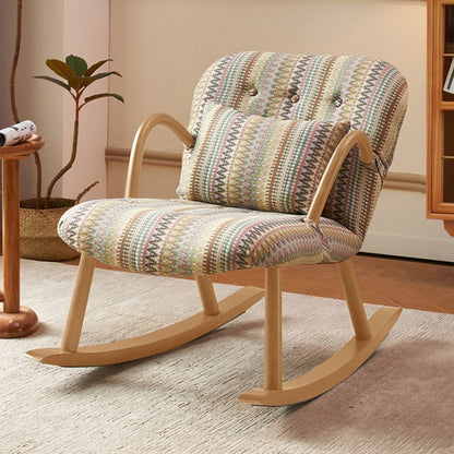 Traditional Japanese Linen Solid Wood Rounded Square Rocking Chair With Armrest Backrest For Living Room