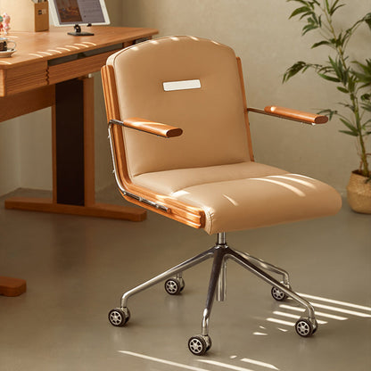 Contemporary Scandinavian Cherry Wood Stainless Steel Protein Leather Square-Arc Desk Chair With Armrest Backrest For Home Office