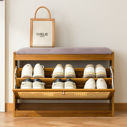 Traditional Chinese Bamboo Rattan Fabric Hollow Rectangular Shoe Bench 2-Tier For Living Room