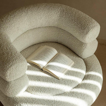 Contemporary Scandinavian Sherpa Fabric Wood Curved Cylindrical Accent Chair With Armrests & Backrest For Living Room