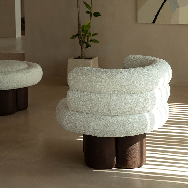 Contemporary Scandinavian Sherpa Fabric Wood Curved Cylindrical Accent Chair With Armrests & Backrest For Living Room