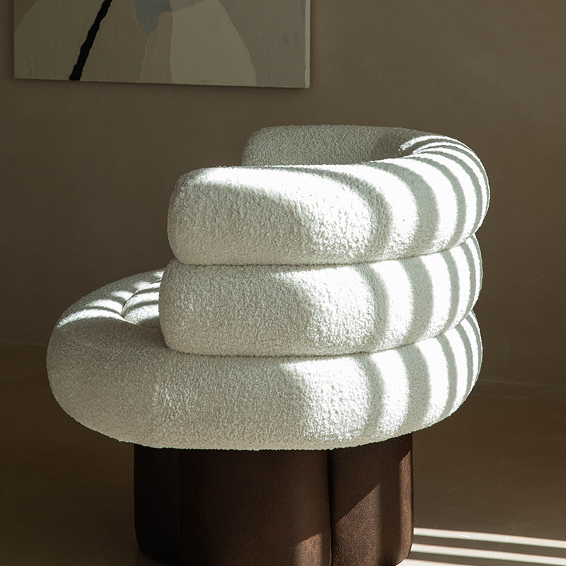 Contemporary Scandinavian Sherpa Fabric Wood Curved Cylindrical Accent Chair With Armrests & Backrest For Living Room