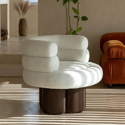 Contemporary Scandinavian Sherpa Fabric Wood Curved Cylindrical Accent Chair With Armrests & Backrest For Living Room