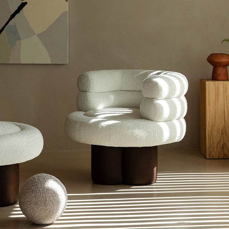 Contemporary Scandinavian Sherpa Fabric Wood Curved Cylindrical Accent Chair With Armrests & Backrest For Living Room