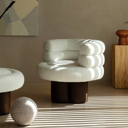 Contemporary Scandinavian Sherpa Fabric Wood Curved Cylindrical Accent Chair With Armrests & Backrest For Living Room