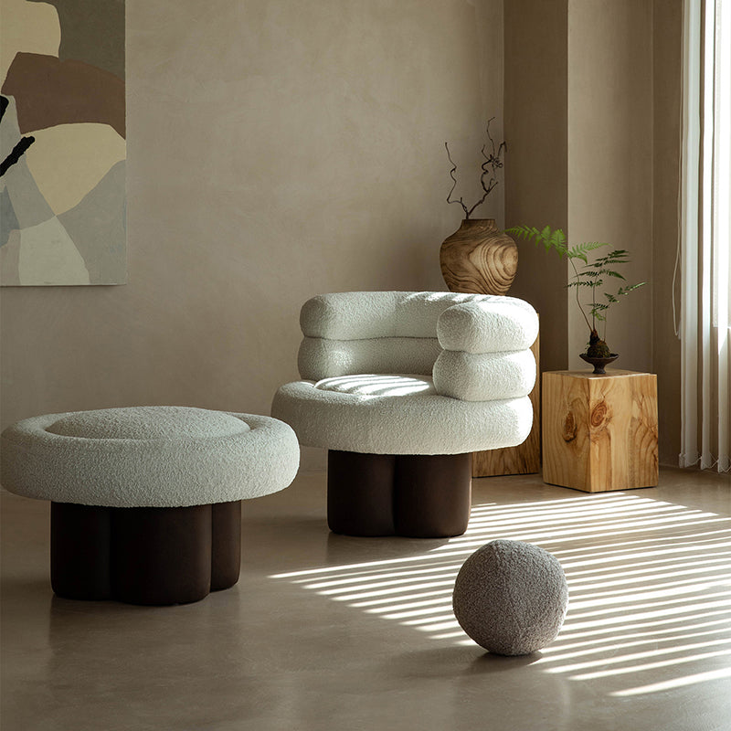 Contemporary Scandinavian Sherpa Fabric Wood Curved Cylindrical Accent Chair With Armrests & Backrest For Living Room