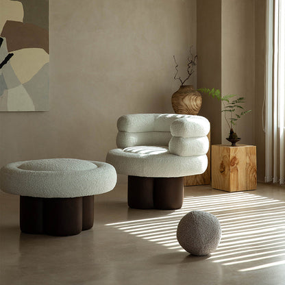 Contemporary Scandinavian Sherpa Fabric Wood Curved Cylindrical Accent Chair With Armrests & Backrest For Living Room