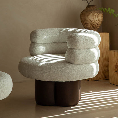 Contemporary Scandinavian Sherpa Fabric Wood Curved Cylindrical Accent Chair With Armrests & Backrest For Living Room