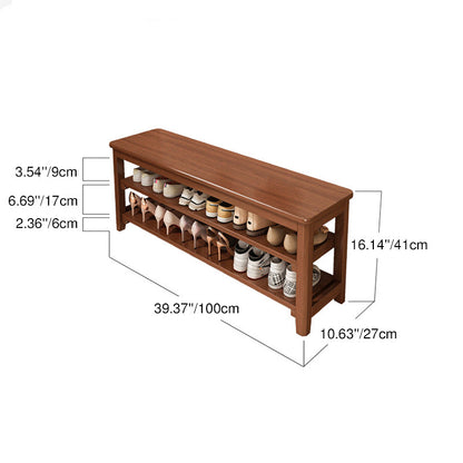 Traditional Vintage Solid Wood Multi-Layer Board Rubber Wood PU Leather Rectangular Shoe Bench 2-Tier For Living Room