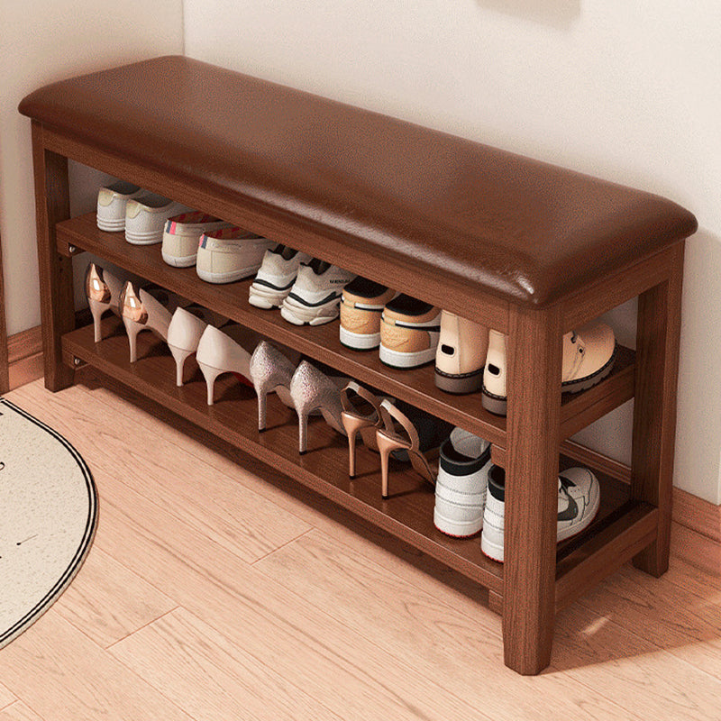 Traditional Vintage Solid Wood Multi-Layer Board Rubber Wood PU Leather Rectangular Shoe Bench 2-Tier For Living Room