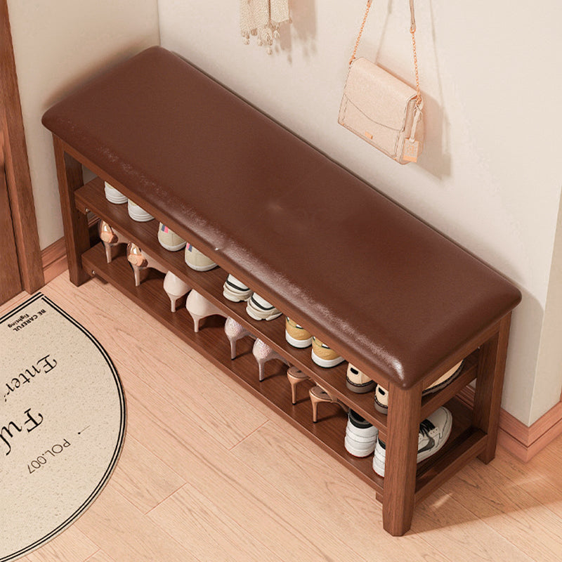 Traditional Vintage Solid Wood Multi-Layer Board Rubber Wood PU Leather Rectangular Shoe Bench 2-Tier For Living Room