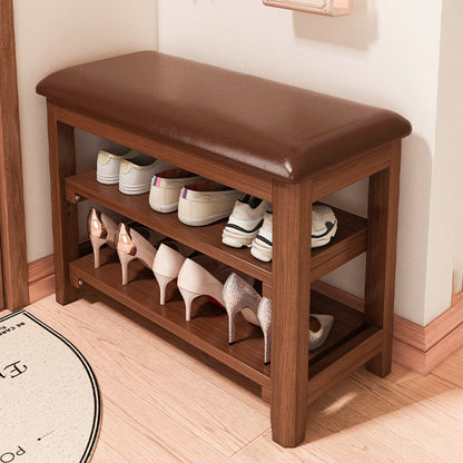 Traditional Vintage Solid Wood Multi-Layer Board Rubber Wood PU Leather Rectangular Shoe Bench 2-Tier For Living Room