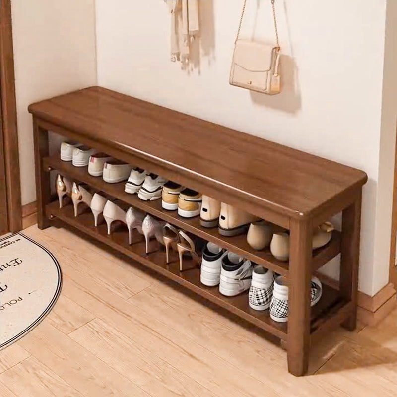Traditional Vintage Solid Wood Multi-Layer Board Rubber Wood PU Leather Rectangular Shoe Bench 2-Tier For Living Room