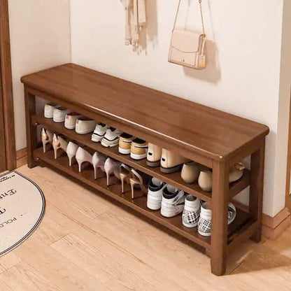 Traditional Vintage Solid Wood Multi-Layer Board Rubber Wood PU Leather Rectangular Shoe Bench 2-Tier For Living Room