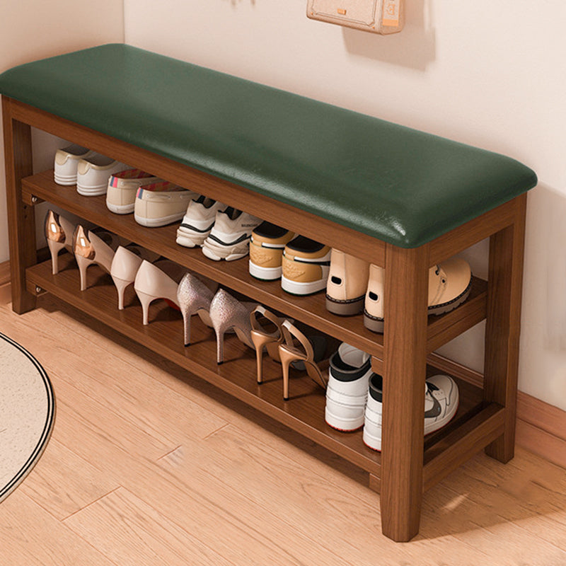 Traditional Vintage Solid Wood Multi-Layer Board Rubber Wood PU Leather Rectangular Shoe Bench 2-Tier For Living Room
