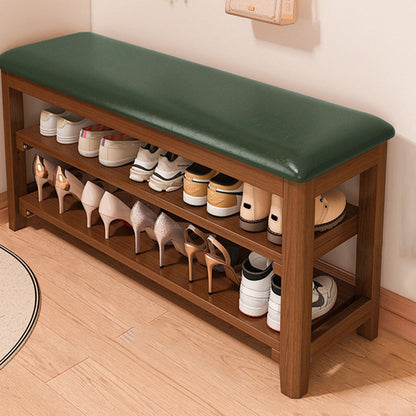 Traditional Vintage Solid Wood Multi-Layer Board Rubber Wood PU Leather Rectangular Shoe Bench 2-Tier For Living Room
