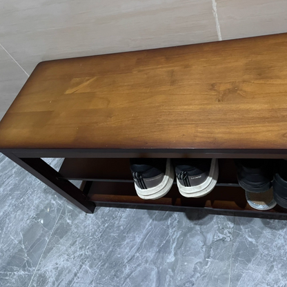 Traditional Vintage Solid Wood Multi-Layer Board Rubber Wood PU Leather Rectangular Shoe Bench 2-Tier For Living Room